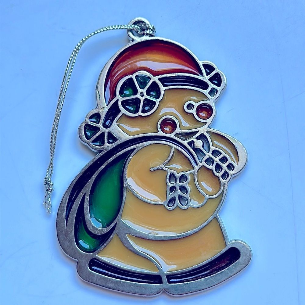 Russ Stained‎ Glass Chrome Plated Snow Man with green bag Ornament